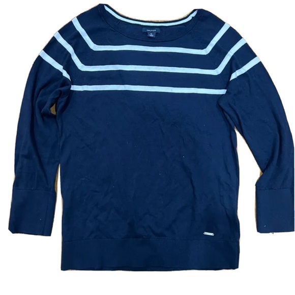 Nautica Sweaters - Nautica Ladies Striped Cotton Sweater, Navy, White Stripes Size M LN